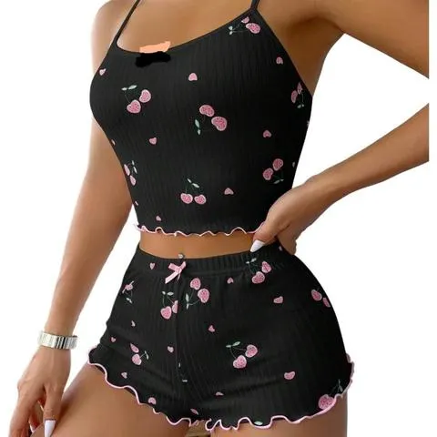 Conjunto de Pijama de Verão Tamanho Grande, Camiseta e Shorts, Pijamas Femininos com Estampa Casual e Confortável