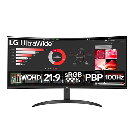 Monitor LG UltraWide™ Curvo - Tela VA de 34", WQHD 3440 x 1440, 21:9, sRGB 99%, HDR10, PBP, 100Hz, AMD FreeSync™ - 34WR50QC-B - 34WR50QC-B