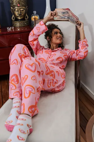 Calça Pantalona Pijama Estampa Coração