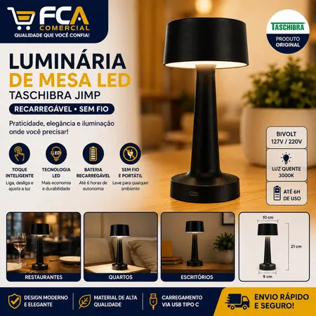 Luminária de Mesa LED Taschibra Jimp Recarregável sem Fio Touch USB-C Bivolt Preta Luz Quente 3000K