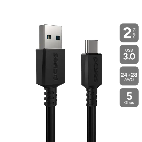 Cabo PCYES USB-A 3.0 para USB-C 5Gbps 15W Preto 2 Metros PUCAP3-2