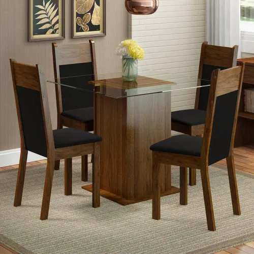 Conjunto Sala de Jantar Madesa Anita Mesa Tampo de Vidro com 4 Cadeiras Rustic/Preto/Sintético Preto