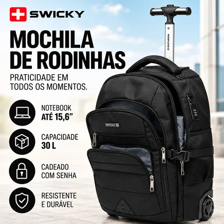Mochila de Rodinhas Swicky Executiva Notebook 15,6 30L Reforçada com Cadeado