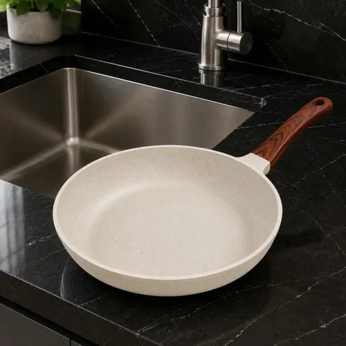 Frigideira Cerâmica Antiaderente 24cm Compatível com Indução Cooktop Fogão a Gás Não Gruda sem Óleo Cabo Ergonomico em Baquelite Cor Creme