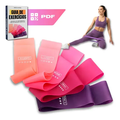 Kit 5 Faixa Elástica Super Mini Band Extensor Elástico para Treino Resistência Funcional Academia Ginástica Yoga Esporte Banda Extra Forte de Treinamento Thera Pilates Fisioterapia Alegria Rosa