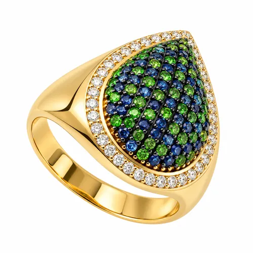 Anel Cravejado com Diamante Safira e Esmeralda Ouro 18k