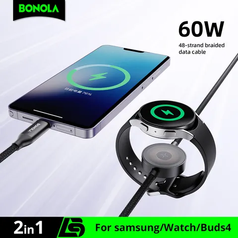 Carregador Bonola 2 em 1 para Galaxy Watch Ultra/8, Carregamento Rápido de 60w para Samsung S26 Ultra/S25/S24/S23, Cabo Magnético para Carregamento de Relógio