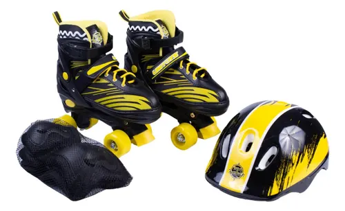 Patins Infantil Quad 4 Rodas com Kit Proteção e Capacete Cor Preto-amarelo Tamanho dos Patins 34-37