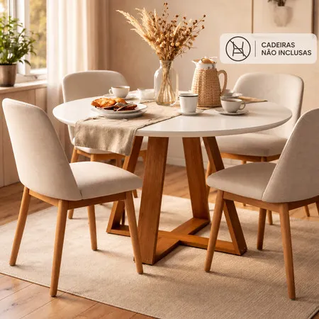 Mesa de Jantar Redonda Livia 110cm 4 Lugares Branca Base Mel Moderna