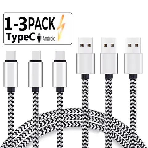 Cabo USB Tipo C de 1-3 Peças para Carregamento Rápido, Cabo de Dados em Nylon Trançado, Carregador de Celular para Huawei Samsung USB C