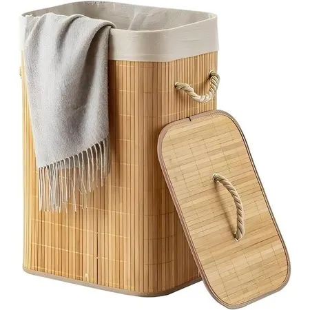 Cesto de Roupa Suja Bambu 72L Dobravel Organizador Forrado Banheiro 60cm Grande Cesto Retangular