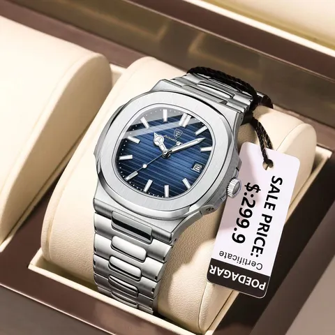 Poedagar moda quadrado quartzo homem relógio à prova dwaterproof água luminosa data relógios de aço inoxidável para homens de negócios luxo relógio de pulso