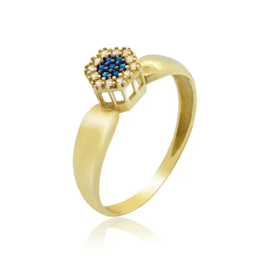 Anel Formatura Chuveiro com Safira e Zircônias em Ouro 18K