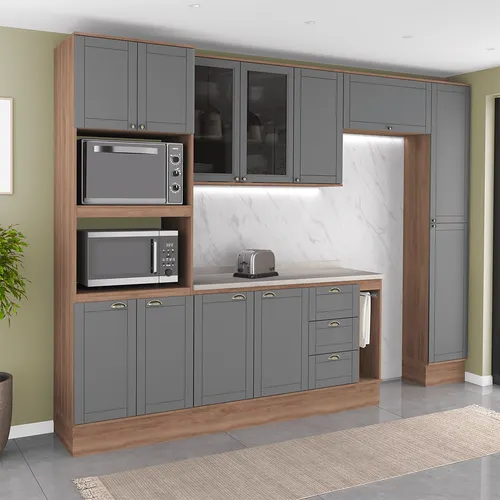 Armário de Cozinha Completa com Balcão Milla Loft Carraro Nogal com Cinza Titânio
