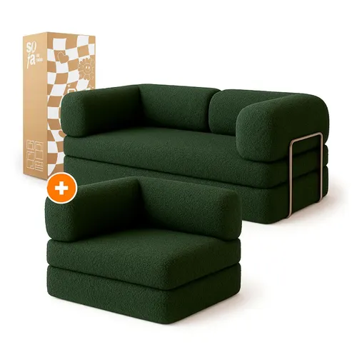 Sofá Cama Bloom - Sofá na Caixa + Poltrona Bloom Tecido Boucle Verde Musgo