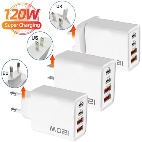 Carregador USB Tipo C de Carregamento Rápido 120W 4 Portas PD Quick Charge 3.0 para iPhone Samsung Xiaomi Huawei Adaptador de Telefone com Plugue EU US UK