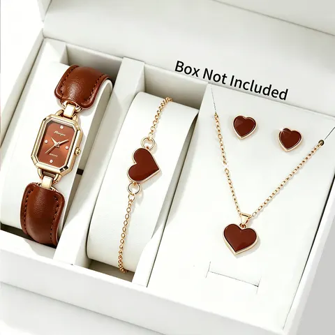 Conjunto de 5 Peças de Relógios Femininos Retangulares Elegantes com Pulseira de Couro, Relógios de Pulso de Quartzo, Conjunto de Joias em Forma de Coração, Reloj Mujer (Sem Caixa)