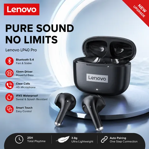 Fones de Ouvido sem Fio Lenovo LP40 Pro Bluetooth 5.4 TWS com Controle por Toque, Headset Esportivo Estéreo para Celular - Novo