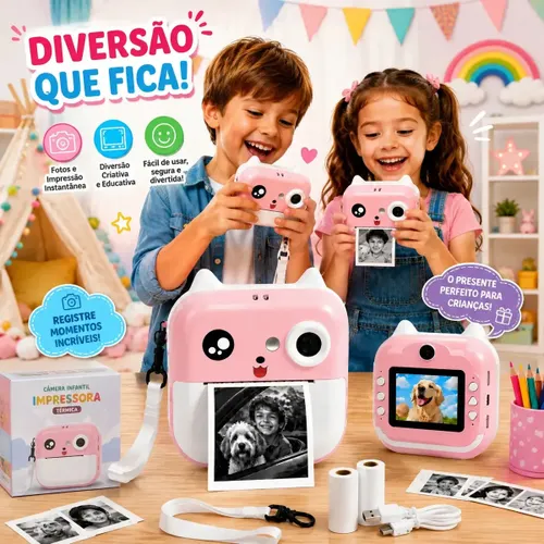 Câmera Instantânea TechRyse Infantil com Impressão Térmica, Vídeo e Jogos Rosa
