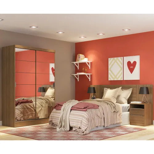 Quarto Completo com Guarda-Roupa Luke 2 Portas de Espelho e Cabeceira com 2 Mesas de Cabeceira Madesa Rustic