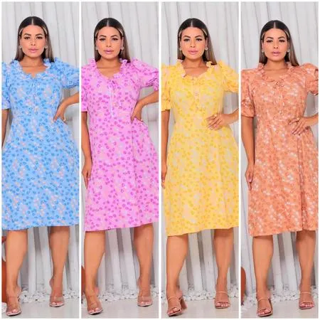 Vestido Feminino Floreado Pescoço Babado em Visco Lycra - Moda Casual e Confortável
