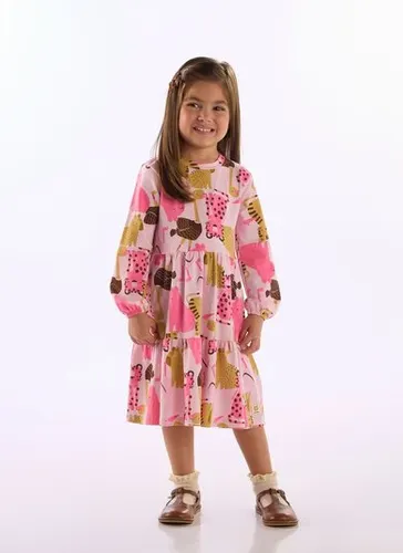 Vestido Infantil Menina em Cotton com Manga Longa Multicolor