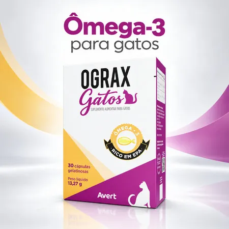 Ograx Gatos Ômega 3 EPA DHA Avert 30 Cápsulas Suplemento Alimentar para Gatos Envio Imediato