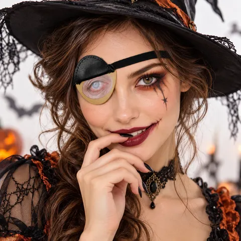 Tapa-olho de pirata em couro sintético preto, acessório de fantasia de Halloween com padrão de olho criativo, adereço para festas de cosplay, LARP e eventos de terror gótico.