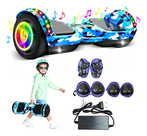 Hoverboard Skate Elétrico 7 Polegadas com Luzes Led Coloridas Bluetooth Música Farol Hover Board Adulto Infantil Criança 15km/h Azul
