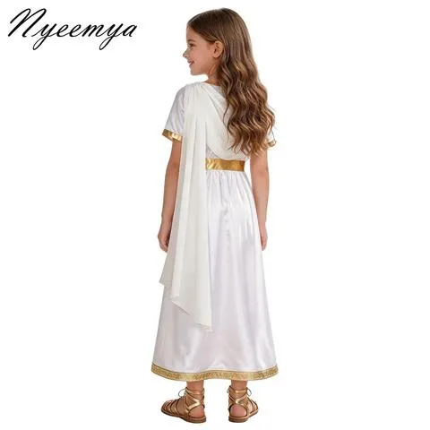 Vestido de princesa grega antiga para meninas, com saia drapeada e fluida, xales de tule, toga, robe de cetim, fantasia de deusa, vestido para Halloween.