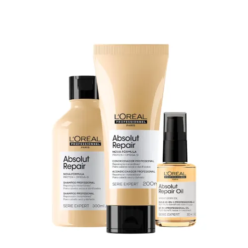 Kit L'Oréal Professionnel Absolut Repair Shampoo 300ml Condicionador 200ml Óleo Reparador 30ml