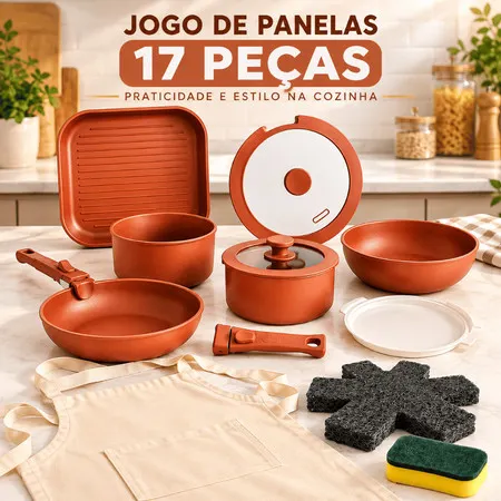 Jogo de Panelas 17 Peças Alumínio Não Gruda Antiaderente Cabo Removível Completo
