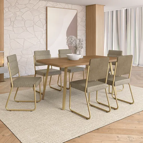 Conjunto Sala de Jantar 6 Cadeiras Almeria Carraro Carvalho Dourado
