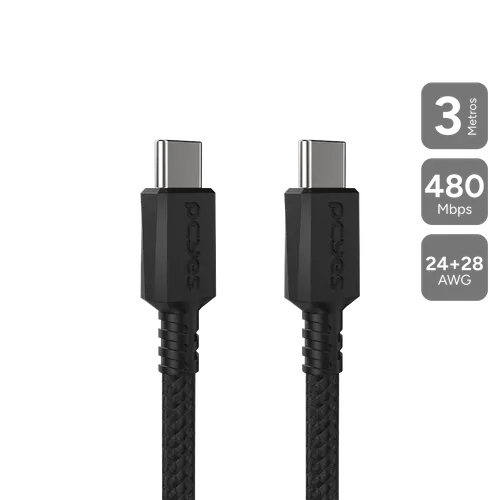 Cabo USB Tipo-C para Tipo-C 2.0 PCYES 3M Nylon 3A PUCC2-3P