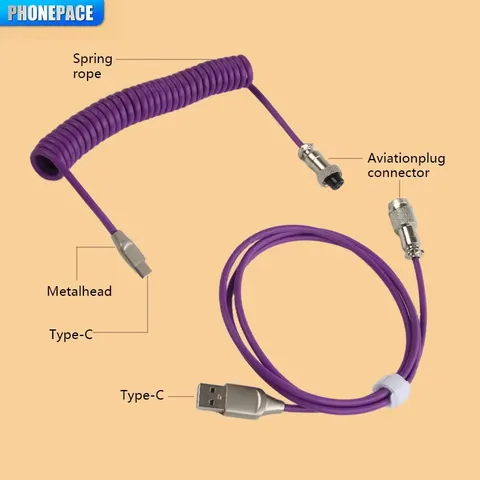 Cabo USB Tipo C Enrolado para Teclado Mecânico, Cabo Conector de Aviação Max Aviator de 3M para Computador de Mesa