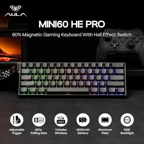 AULA Mini60 HE/Pro/Max 60% Teclado com interruptor magnético RGB Tri Mode Teclado mecânico sem fio 8000Hz 0,01mmRT para presentes de jogadores de PC