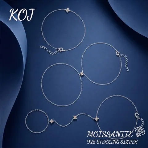 KOJ 1PC Pulseira e Anel de Dedo Trevo em Prata S925 com Moissanite, Joias Finas Delicadas para Mulheres, para Casamento, Festa, Uso Diário e Presente