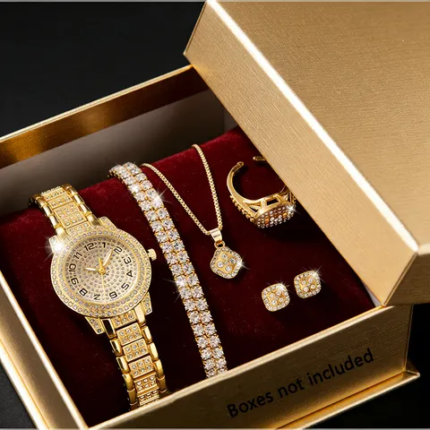 Relógio de Luxo Feminino Dourado, Relógio de Pulso de Quartzo com Diamantes, Conjunto Elegante de Relógios Femininos