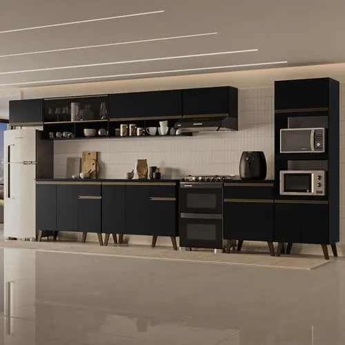 Armário de Cozinha Completa Atlanta Modern com Vidro Carraro Preto Touch