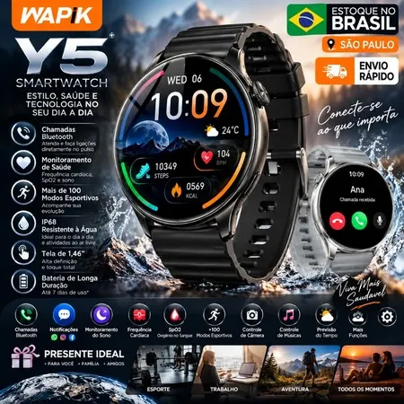 relógio smartwatch Wapik Y5 Relógio Inteligente com Chamadas Bluetooth, Monitor Cardíaco, SpO2 e Sono