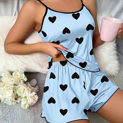 Conjunto de pijama feminino pijamas camisetas shorts rosa em forma de coração impressão em torno do pescoço camiseta topo de seda gelo confortável casual verão ﻿