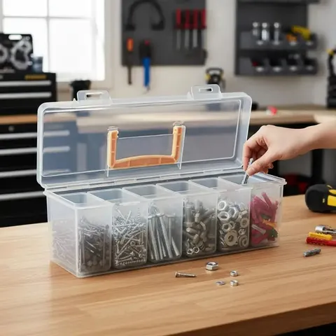 Organizador de Ferramentas Transparente com Múltiplos Compartimentos e Alça para Transporte, Ideal para Organização Doméstica e de Garagem