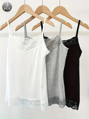 Conjunto de 3 Peças: Camisetas Regata Femininas de Renda Floral – Versáteis e Básicas para o Verão, Confortáveis e Casuais