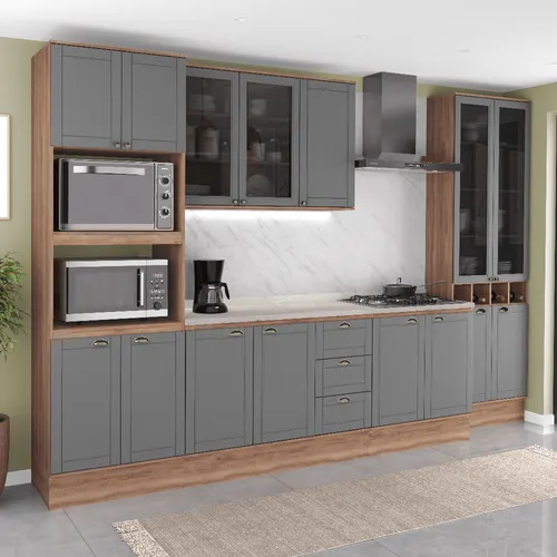 Armário de Cozinha Completa com Balcão Milla Mood Carraro Nogal com Cinza Titânio