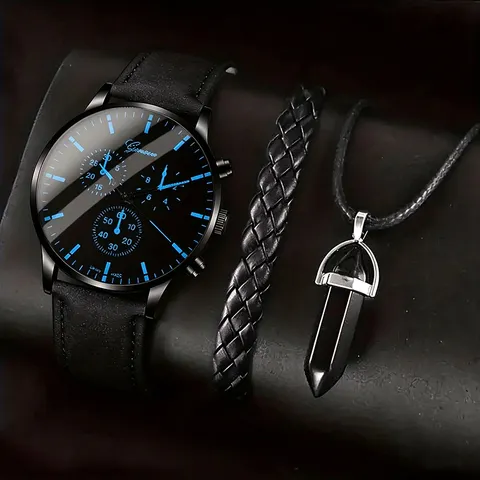 1PC/3PCS Novo Relógio de Pulso Masculino Casual com Pulseira de PU, Mostrador Circular, Movimento Eletrônico, Relógio Masculino, Conjunto de Relógios Masculinos
