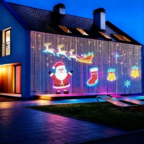 Cortina de luzes LED para o Natal, luminária decorativa para festas, com controlo por aplicação, sincronização com música, padrões personalizáveis, à prova de água, para uso interior e exterior, ideal para festas e decoração de casa.
