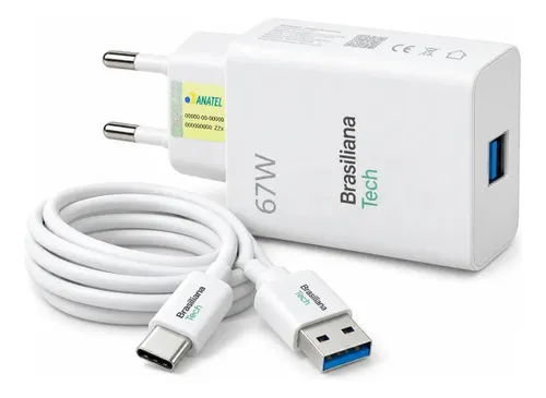 Carregador Turbo 67W Tipo C com Cabo 1m Fonte de Parede Carregamento Rápido Adaptador Tomada Compatível com Xiaomi Redmi Note 7 8 9 10 11 12 Pro Poco X3 Pro M3 Mi 8 9 10 A2 A3 Brasiliana Tech