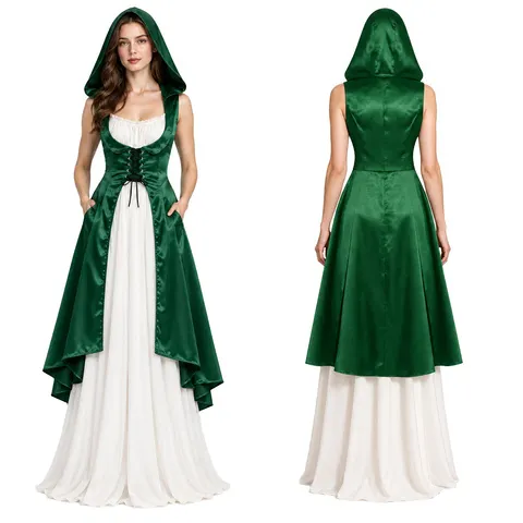 Vestido medieval renascentista vitoriano com laços, fenda e bainha assimétrica, em cetim, com capuz e decote abaixo do busto, para Halloween, cosplay e festas.