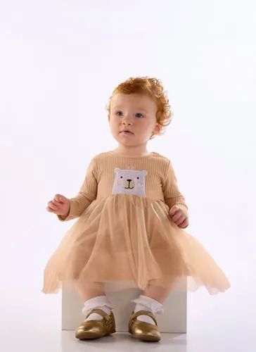 Vestido Bebê Menina em Ribana com Tule e Forro Marrom