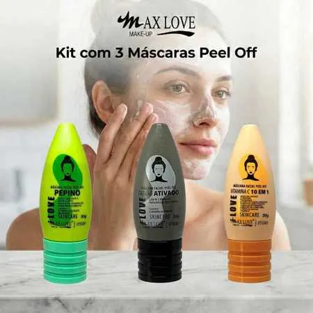 Kit com 3 Máscaras Peel Off - Pepino, Carvão Ativado, Vitamina C 10em1 Max Love